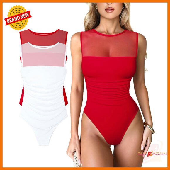 Mesh Bodysuit Shapewear Sleeveless Turtle Neck Ruched Going Out Top